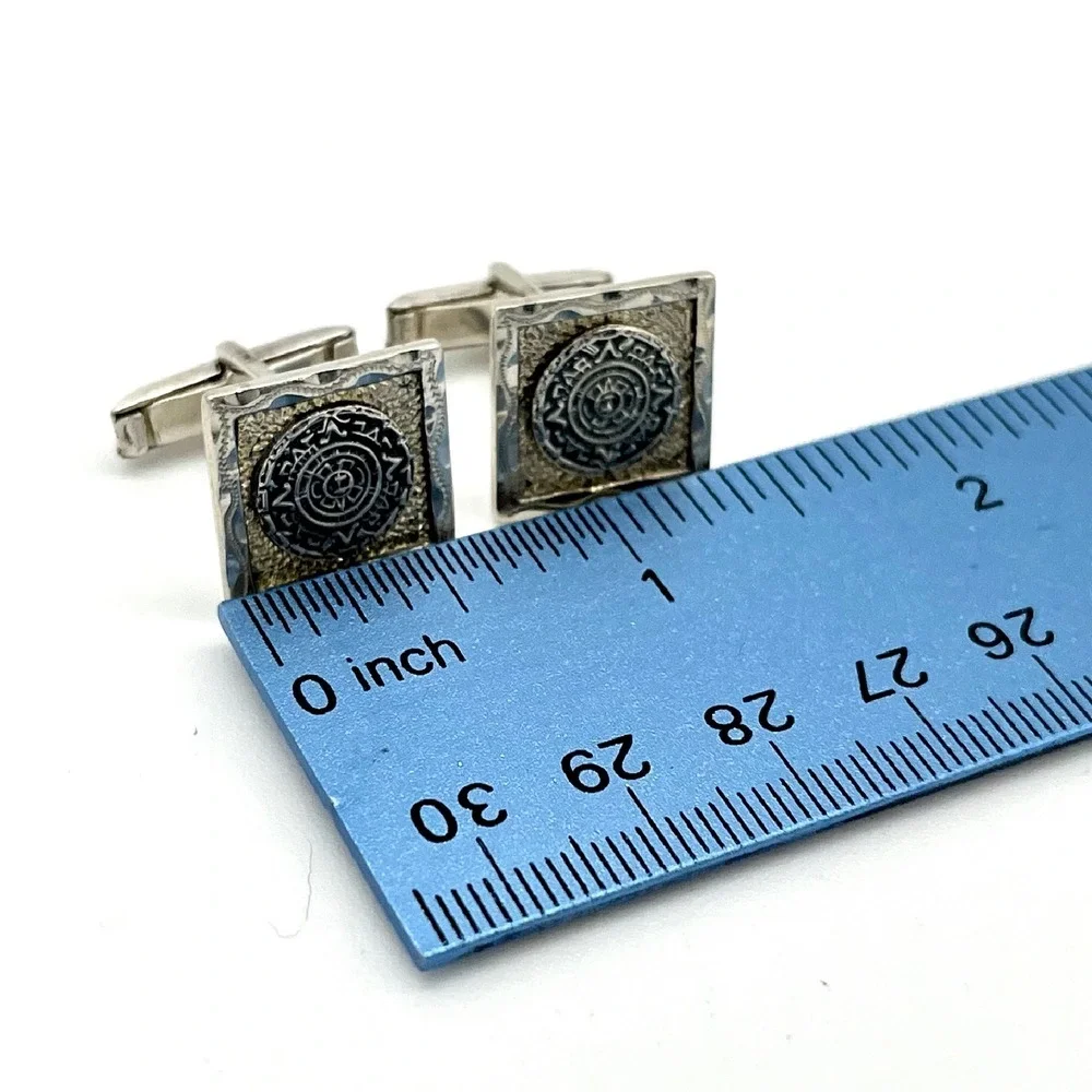 Vintage Sterling Silver Aztec Mayan Calendar Cufflinks Square‎ Textured Design